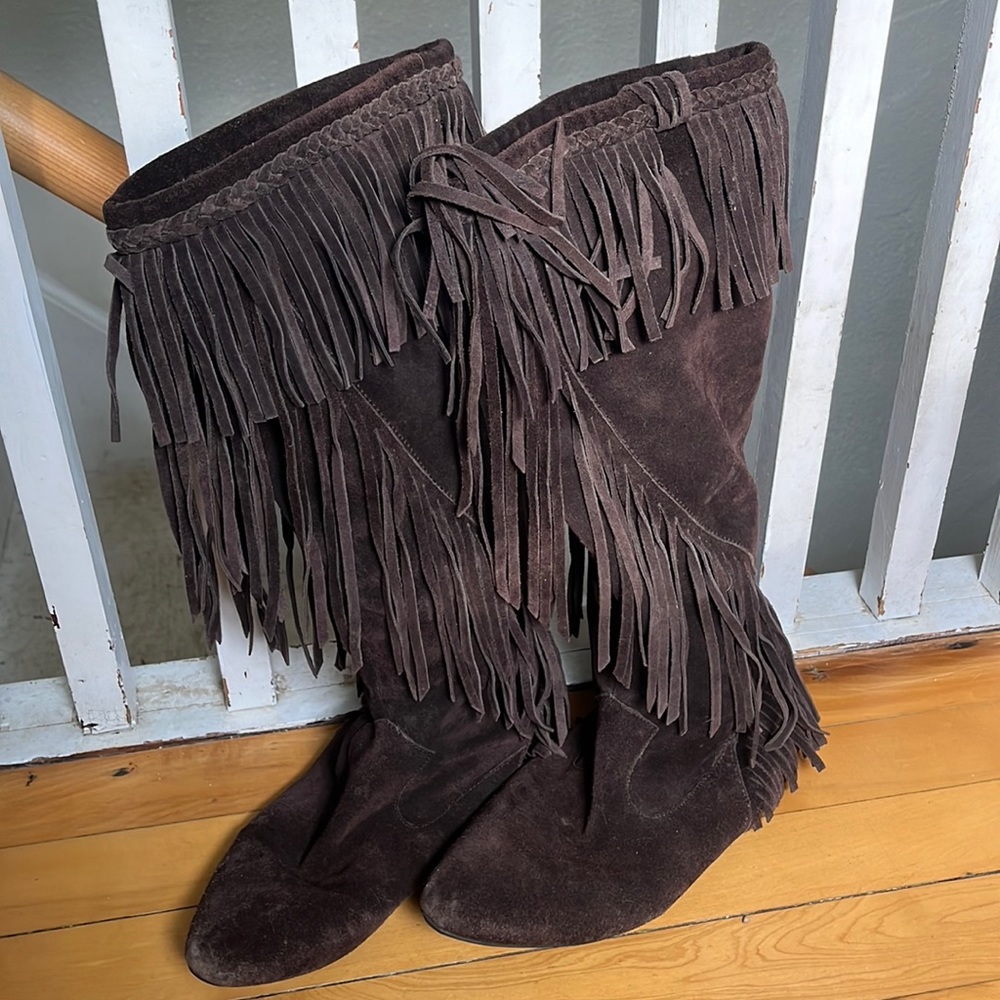Leather fringe knee high boots